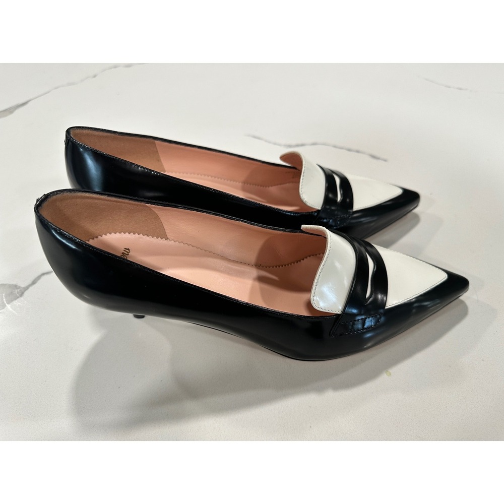 J.Crew Womens Black White Patent Leather Pointed Toe Penny Loafer Kitten Heels 9